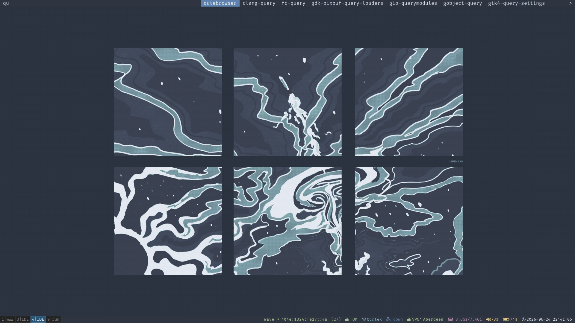 The Nord-themed dmenu launcher open over the Escape wallpaper