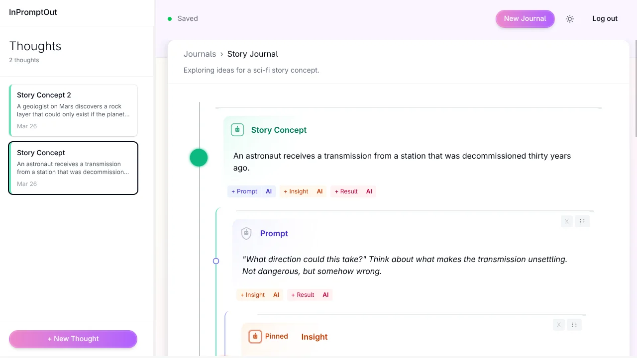 InPromptOut journal view – a sidebar of saved thoughts beside a Story Journal laid out as a vertical node timeline