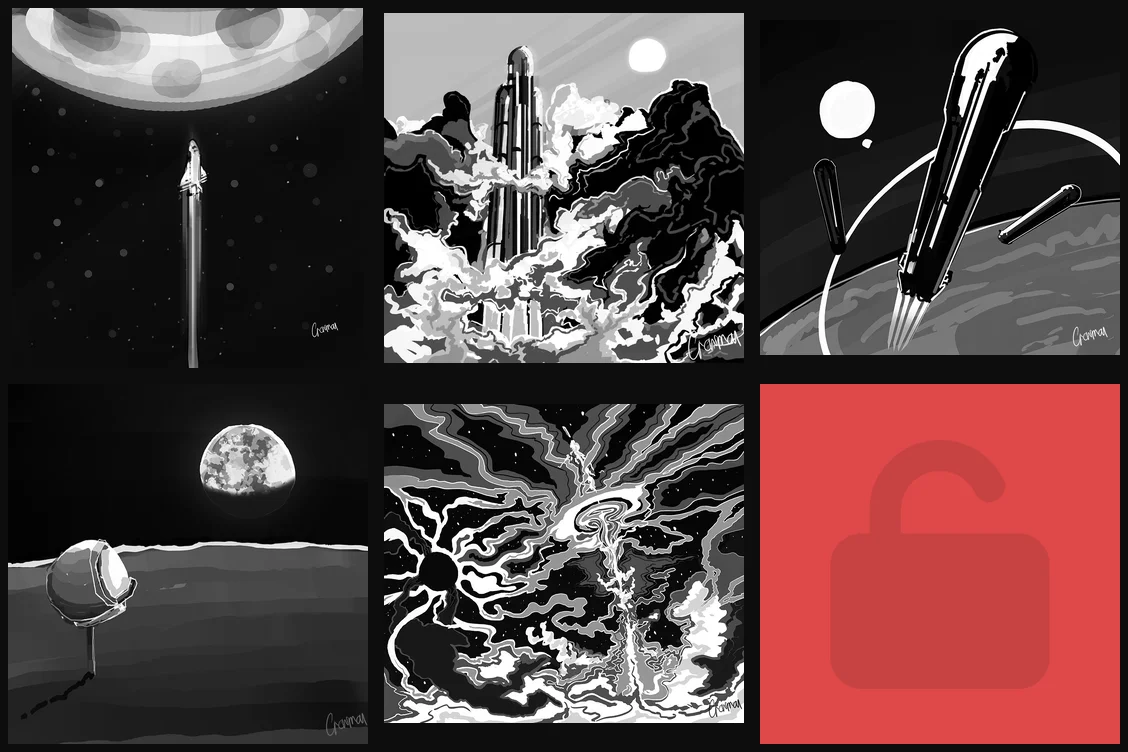 The Crewman Alpha Mission collection: five hand-painted, monochrome space scenes plus a locked sixth tile, in a cohesive black-and-red identity.