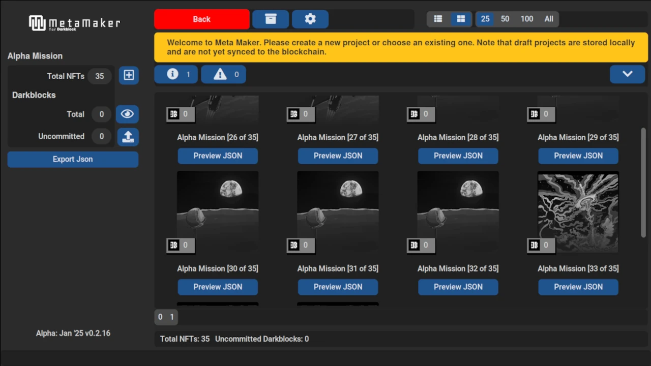 MetaMaker collection view: the 35-item Alpha Mission project as a thumbnail grid with a Preview JSON button per NFT