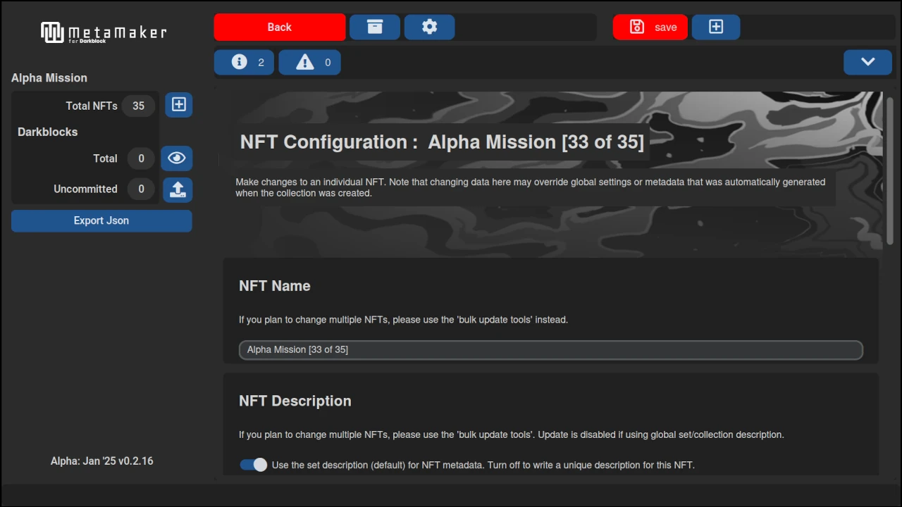 MetaMaker NFT configuration screen, editing the name and description of a single token in the collection