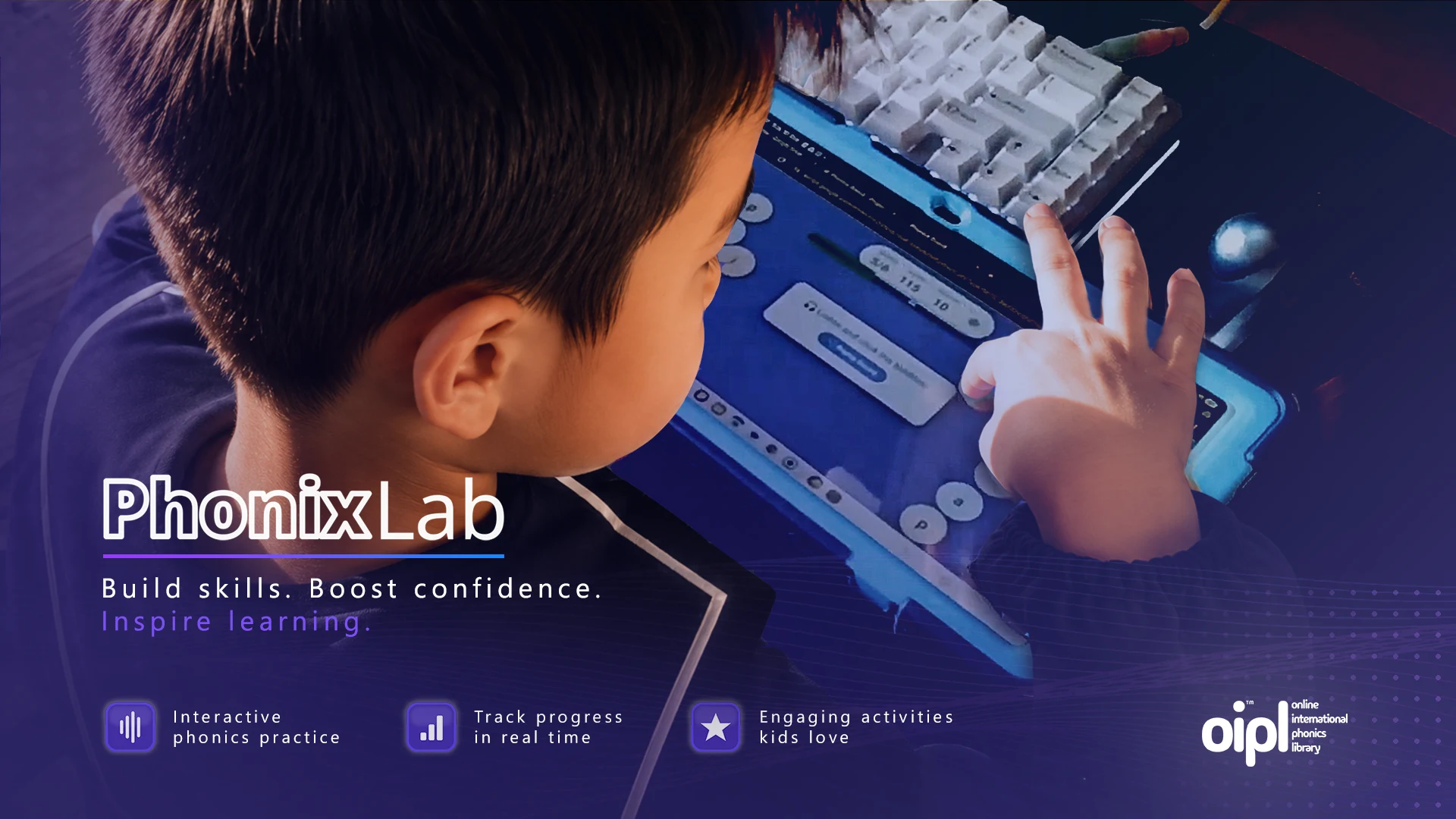 PhonixLab title card – a young learner tapping through the phonics bubble game on a tablet