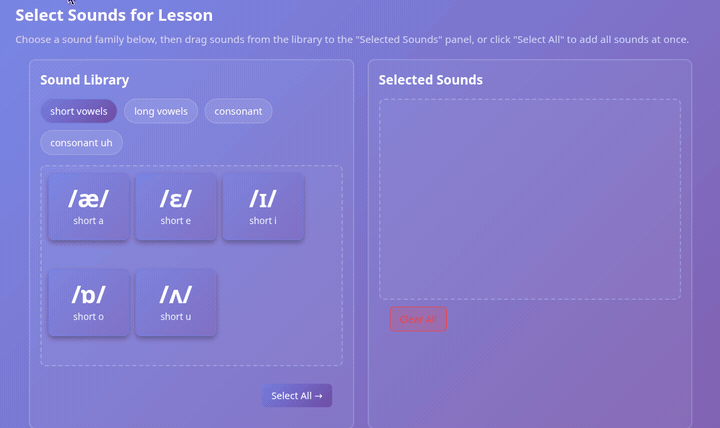 The two-panel sound-selector widget: phonics sounds being dragged from the library panel into a lesson.