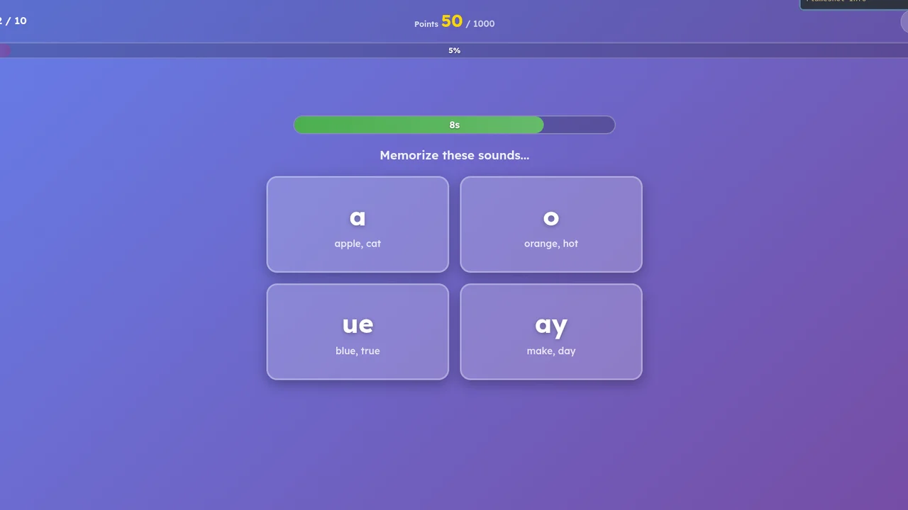 PhonixLab Flashcard Memory in its memorise phase, showing four phoneme cards with example words