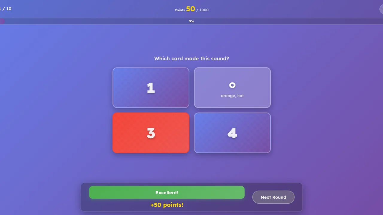 PhonixLab Flashcard Memory answer phase – one card revealed and an 'Excellent! +50 points' banner