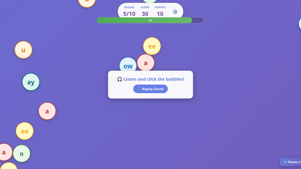PhonixLab Karuta mode – phoneme bubbles floating on screen with a listen-and-click prompt and a round timer
