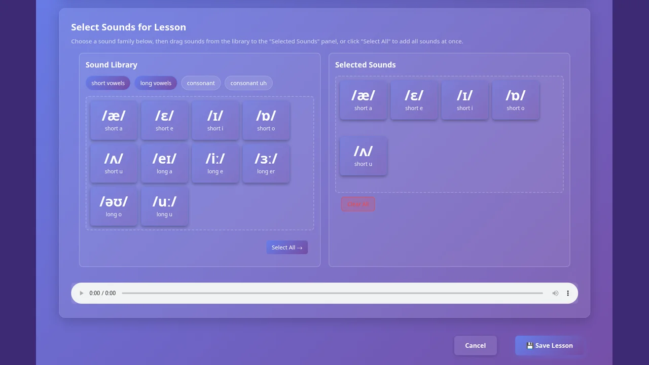 PhonixLab lesson builder – IPA phonemes dragged from a sound library into a selected sounds panel