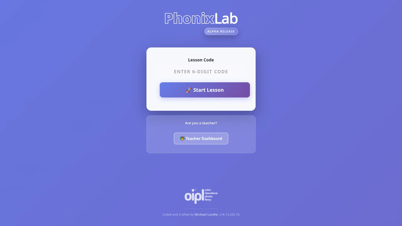 PhonixLab student landing page – a six-digit lesson code field with a separate teacher dashboard link